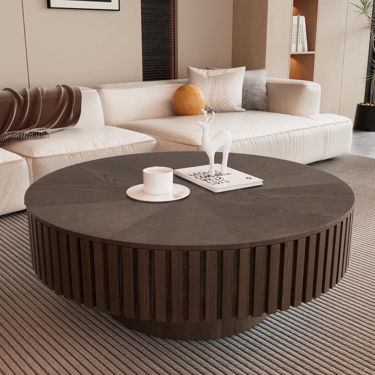 Round Fluted Coffee Table with Storage, Modern Wooden Circle Drum Coffee Tables Handcrafted Fluted Centry Table for Living Room Apartment Small Space