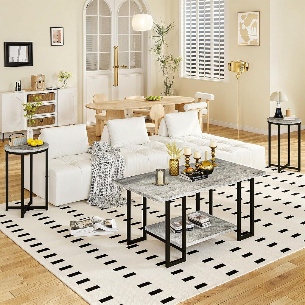 AWQM 3 Pieces Living Room Table Set, Faux Marble Coffee Table with 2 Round End Side Tables, Coffee Table Set with Metal Frame for Apartment Home Office, Grey&Black