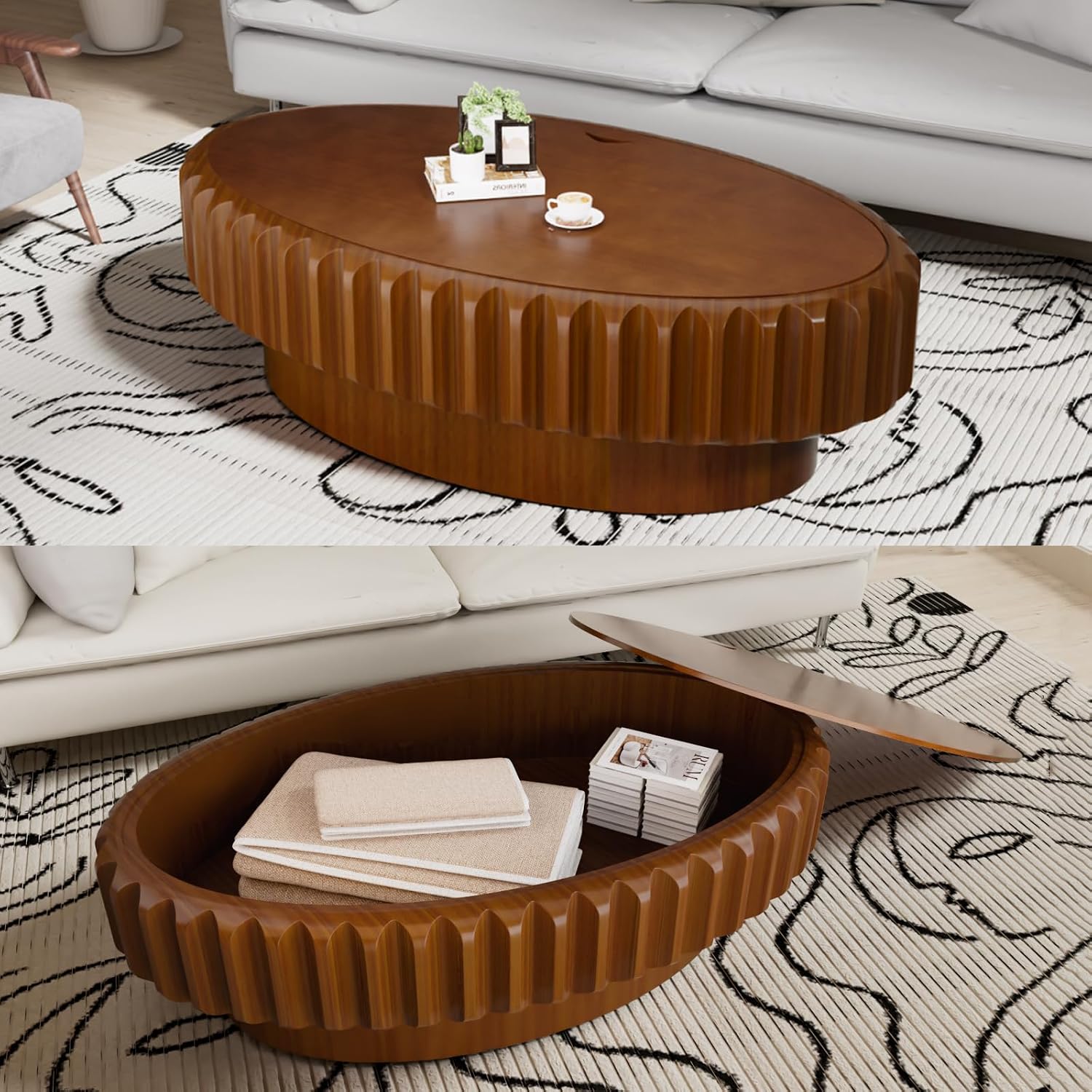 43.3' Oval Drum Coffee Table with Storage Rustic Chic Fluted Center Table - Handcraft Solid Wood Veneer Edge for Living Room Farmhouse (B 43.3in)