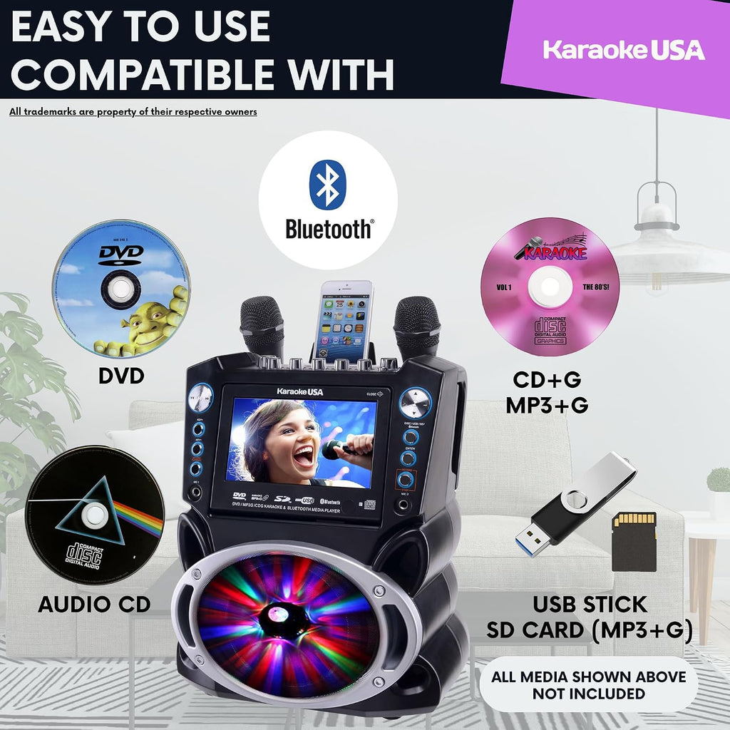 Karaoke Machine with Lyrics Display 7' Screen. CD+G, DVD, MP3+G, MP3, CD & USB. Wireless Bluetooth Speaker with LED Disco Lights. Includes 2 Wired Microphones and 2 Bonus Karaoke Discs By Karaoke USA
