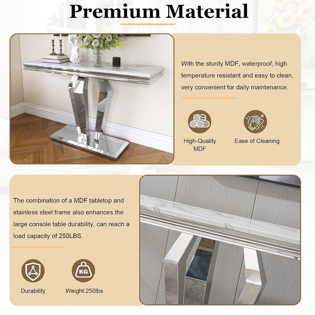 47 inch Gold Console Table, Modern Entryway Table with Diamond-Shaped Metal Base for Entrance, Hallway, Living Room (White Faux Marble & Silver)