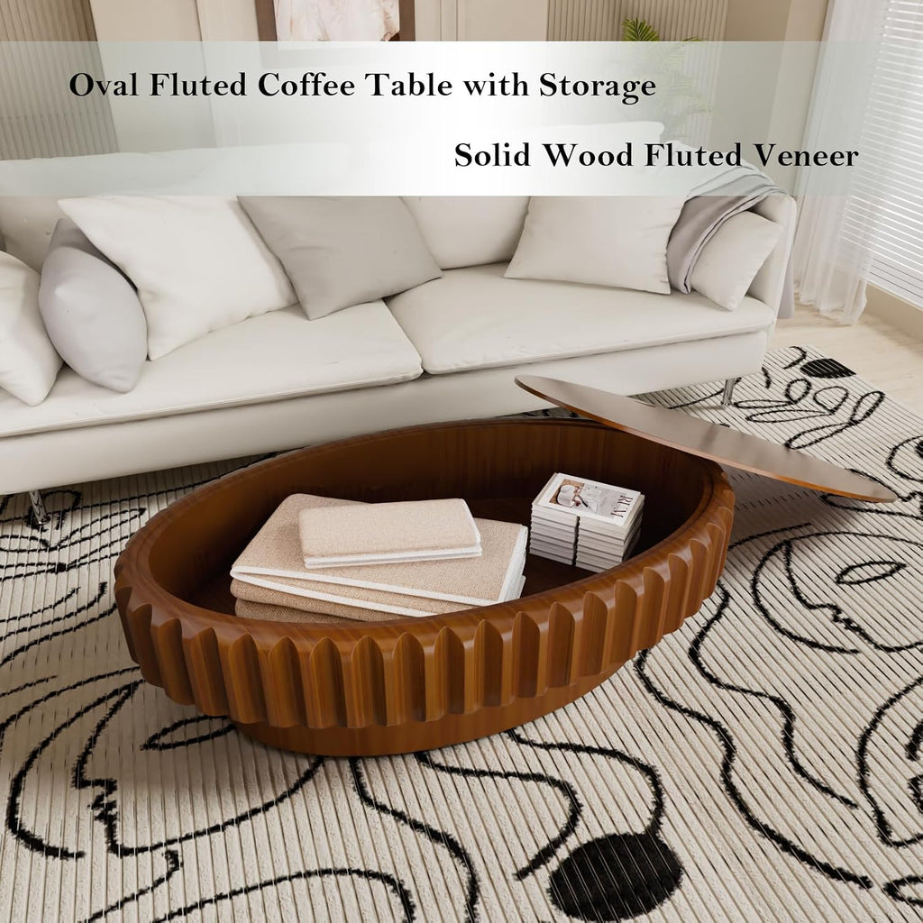 Chic Drum Coffee Table with Storage 43.3' Rustic Oval Center Table - Solid Wood Fluted Veneer Easy Assemble for Living Room Apartment (D 43.3in)