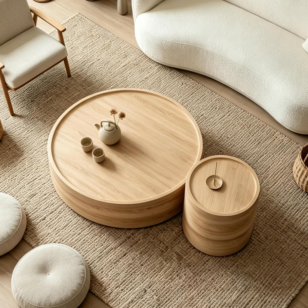 Modern Drum Coffee Table Natural Wood Color Coffee Tables Round Center Table for Living Room Home Office,39.3'- Fully Assembled
