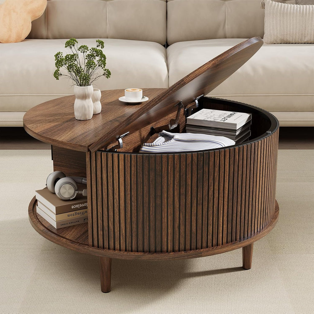 Round Coffee Table with Storage, Mid Century Modern Coffee Table, Fluted Dining Table with Sliding Door, Circle Coffee Table for Living Room Home Office, 31.5', Walnut