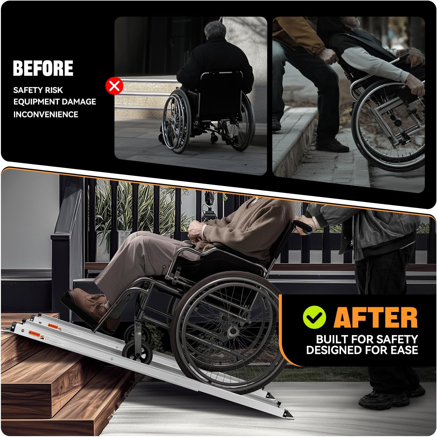 Auto Dynasty 6FT Adjustable Wheelchair Ramp, Portable Telescoping Folding Aluminum Wheel Chair Threshold Ramps for Home Steps Doorways, 72' L x 7.4' W, 1200Lbs Capacity (2 Pack)