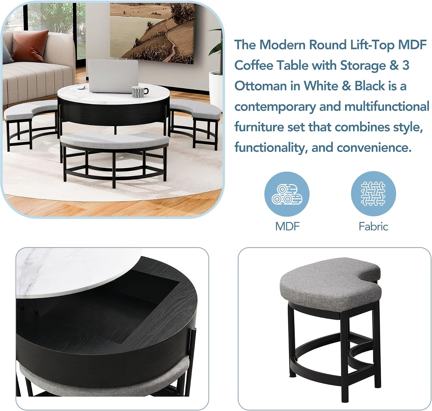 31.5' Modern Round Lift-Top Coffee Table with Storage & 3 Ottoman,White & Black