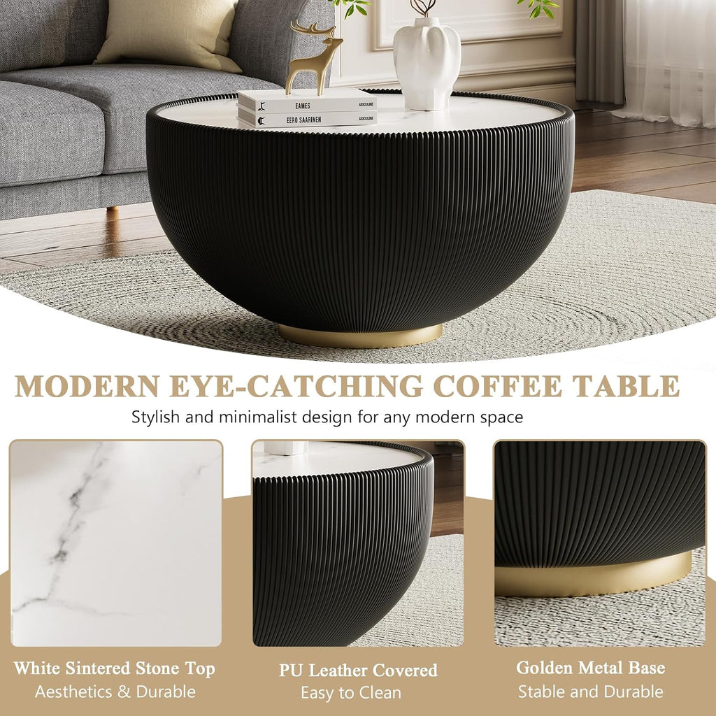 27.55' Round Marble Coffee Table,Black Fluted Coffee Table w/White Sintered Stone Top & PU Leather Covered & Gold Metal Base Modern Bucket Shaped Coffee Cocktail Center Tables for Living Room