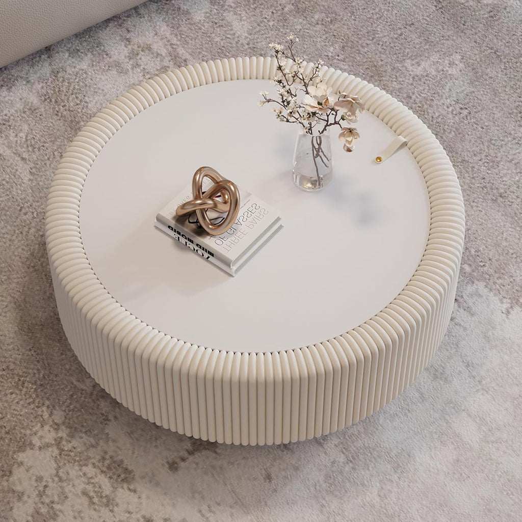 White Round Fluted Coffee Table with Hidden Storage, 31.5' Drum Coffee Table with Tempered Glass Top, PU Leather Body, Baked Enamel Metal Base, Modern Minimalist Circle Tea Table