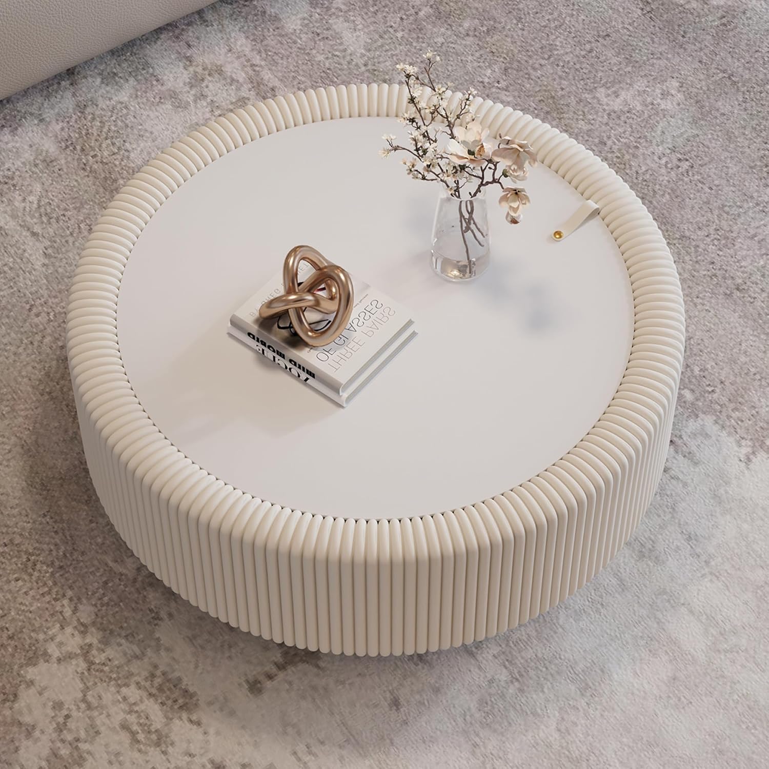 White Round Fluted Coffee Table with Hidden Storage, 31.5' Drum Coffee Table with Tempered Glass Top, PU Leather Body, Baked Enamel Metal Base, Modern Minimalist Circle Tea Table