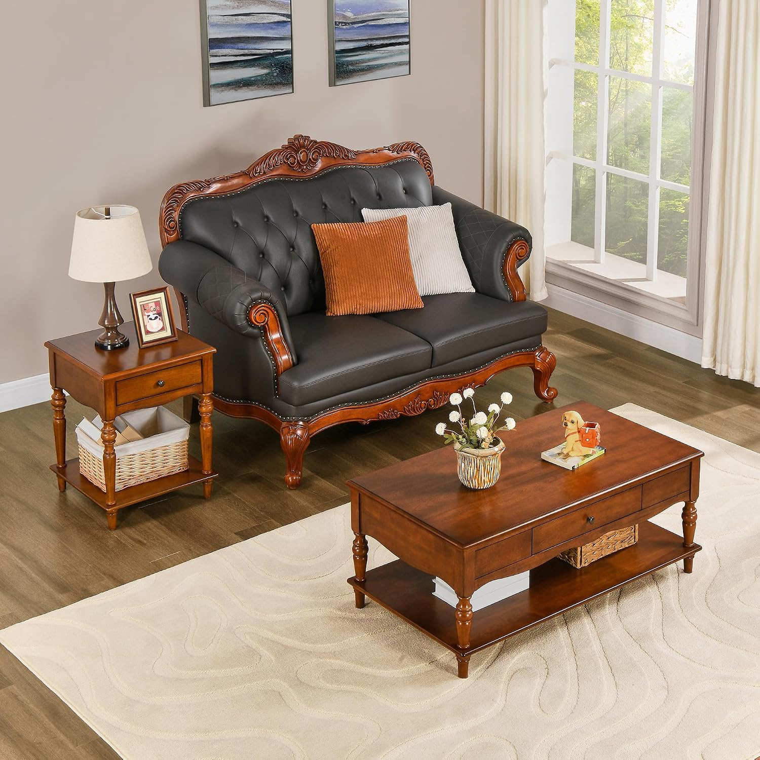 Rectangular Coffee Table with 2 Storage Drawers, Mid-century Solid Wood Living Room Table with Carved Leg, Elegant Vintage Center Table, No-Tools Assembly, 43.3'L x 23.6'W x 18'H Caramel Brown KFZC008