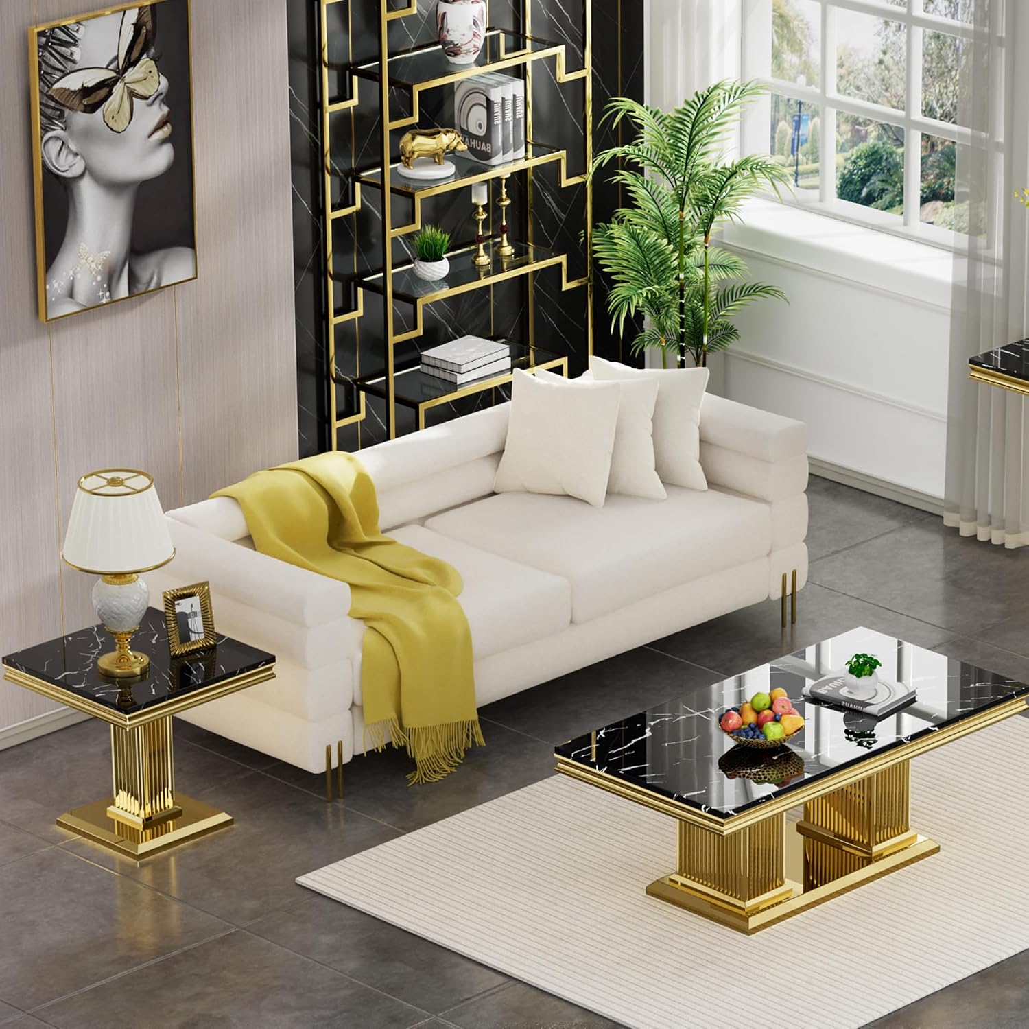2 Pieces Living Room Table Set, Faux Marble Coffee Table Set of 2, Modern Coffee Table and End Table with Column-Shaped Stainless Steel Base for Living Room Office Black Gold