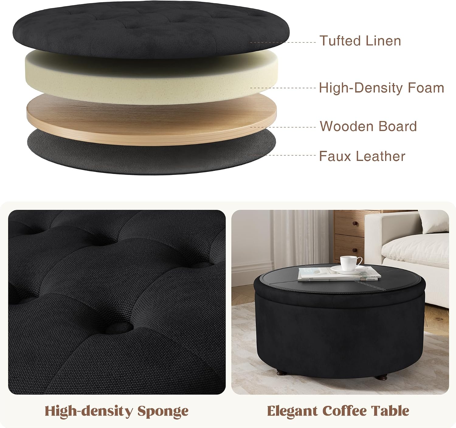 30 Inch Round Storage Ottoman,Modern Tufted Ottomans,Circular Coffee Table with Removable Top,Upholstered Large Ottoman with Storage Footrest Stool for Bedroom Living Room (Black)