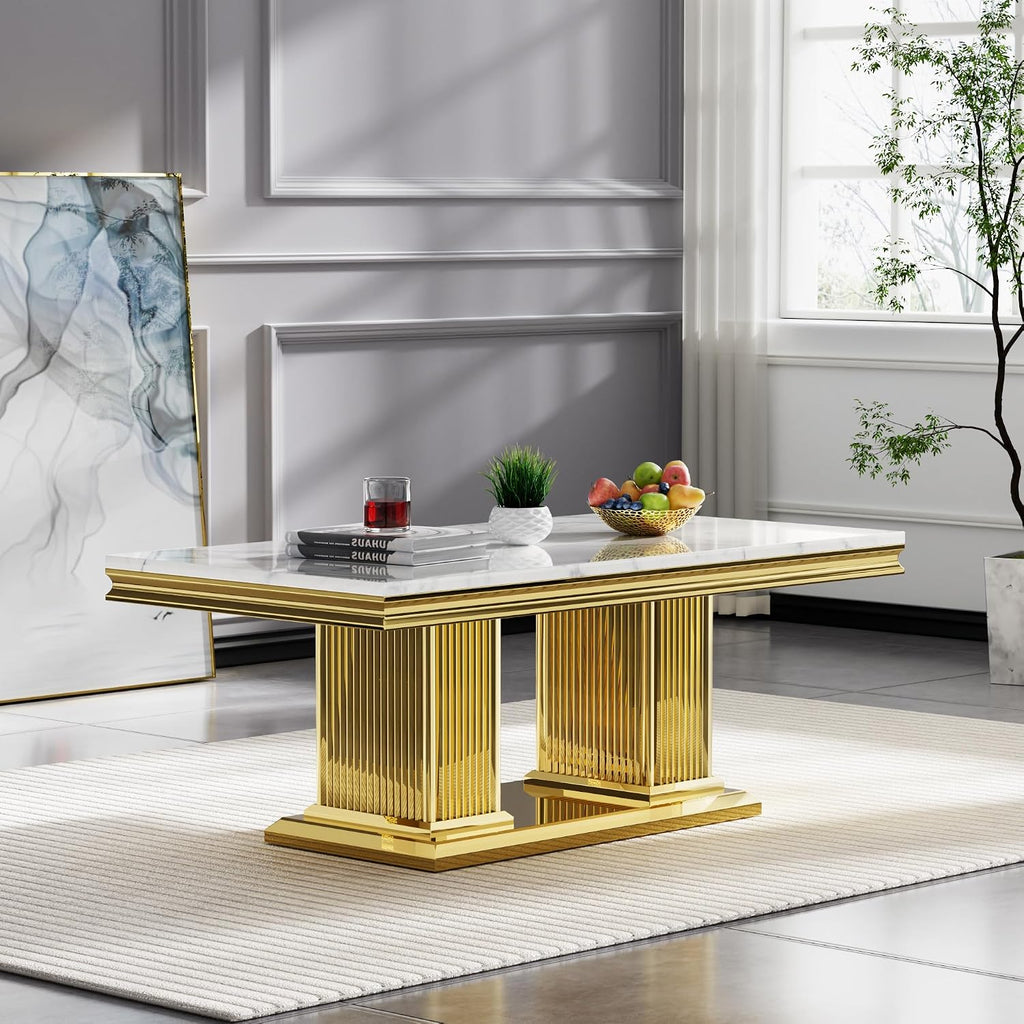 Modern 3 Piece Marble Living Room Table Set, Includes 1 Coffee Table & 2 End Table, Luxury White Faux Marble Coffee Table Set with Gold Column-Shaped Stainless Steel Base for Home Office
