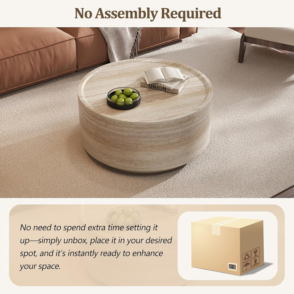 LUMISOL 27.5' Round Coffee Table, Faux Marble Center Table with Drum Design, Contemporary Side Table with Durable Construction for Living Room, Office, Apartment, No Assembly Required, Beige