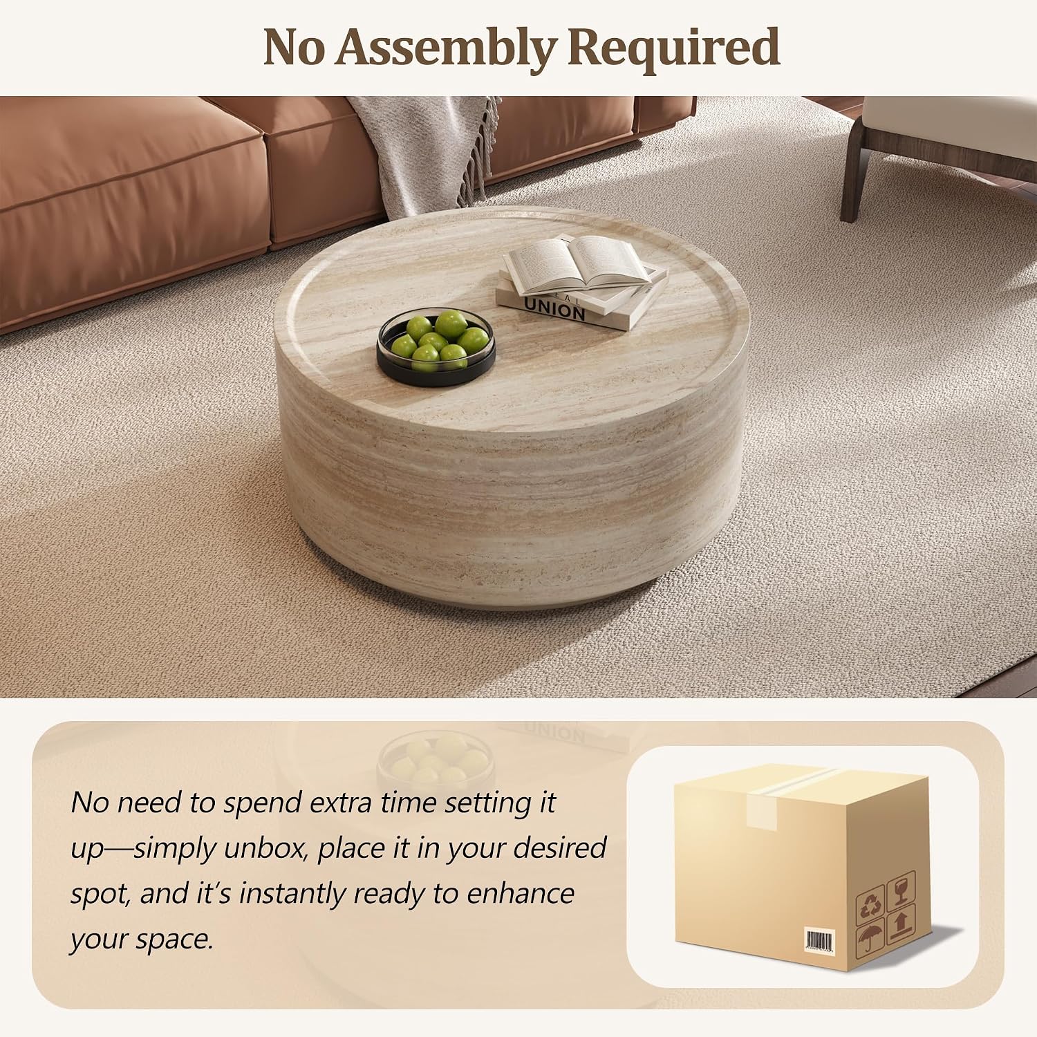 LUMISOL 27.5' Round Coffee Table, Faux Marble Center Table with Drum Design, Contemporary Side Table with Durable Construction for Living Room, Office, Apartment, No Assembly Required, Beige