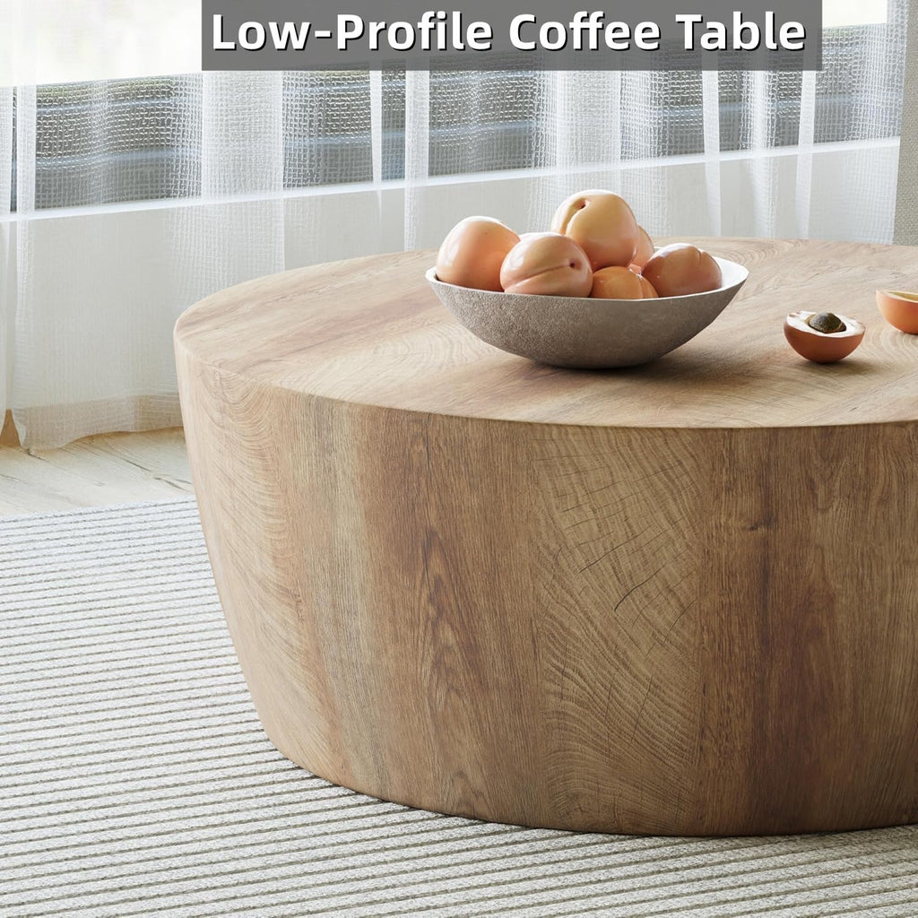 Rustic Drum Coffee Table for Living Room Round Center Table Modern Drum-Shape Wooden Cocktail Table for Home Office - Fully Assembled