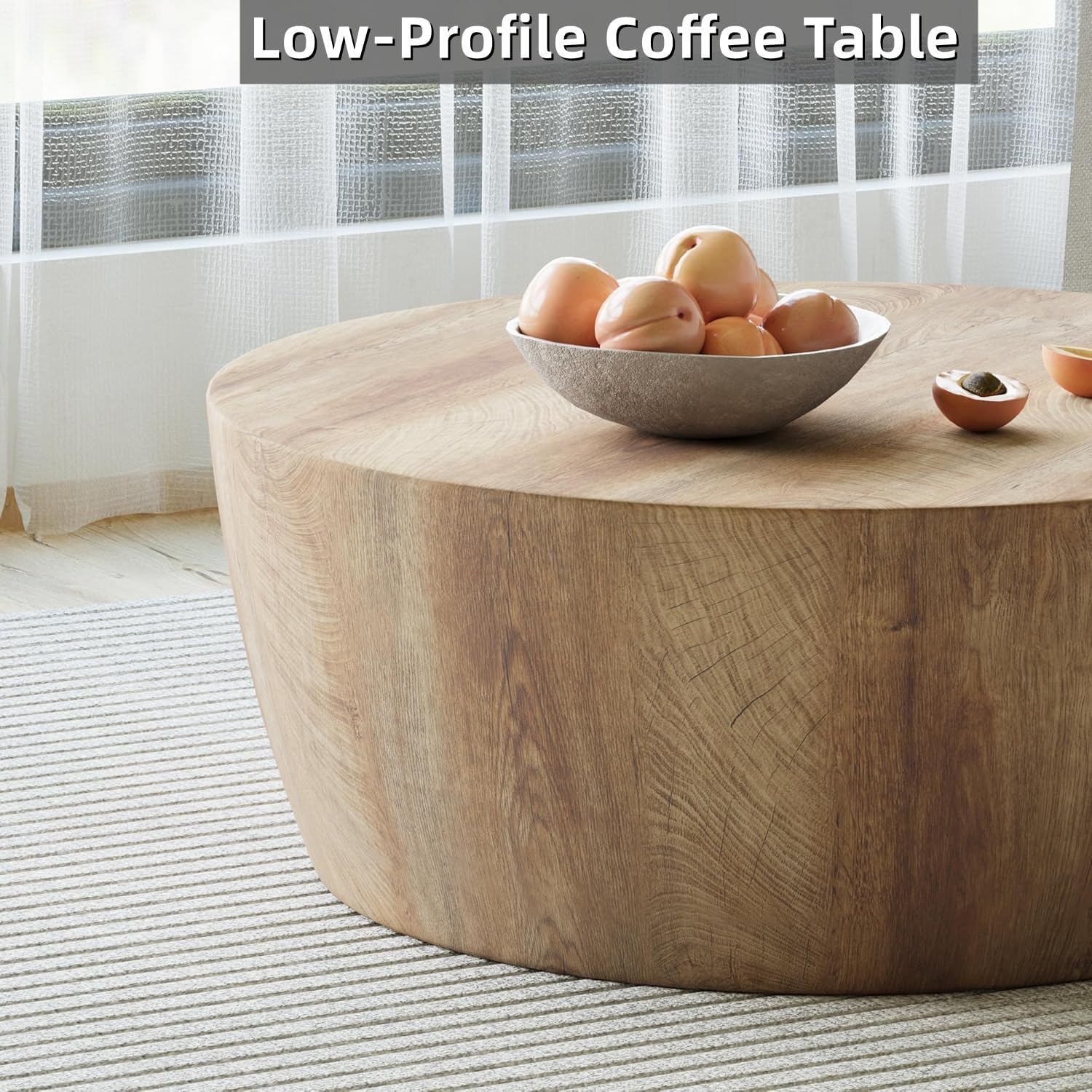 Rustic Drum Coffee Table for Living Room Round Center Table Modern Drum-Shape Wooden Cocktail Table for Home Office - Fully Assembled