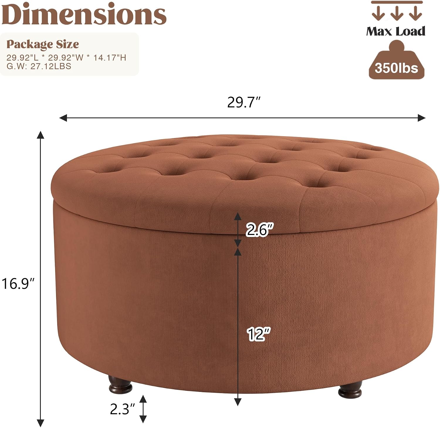 30 Inch Round Storage Ottoman,Modern Tufted Ottomans,Upholstered Large Ottoman with Storage with Removable Top Footrest Stool for Bedroom Living Room (Orange)