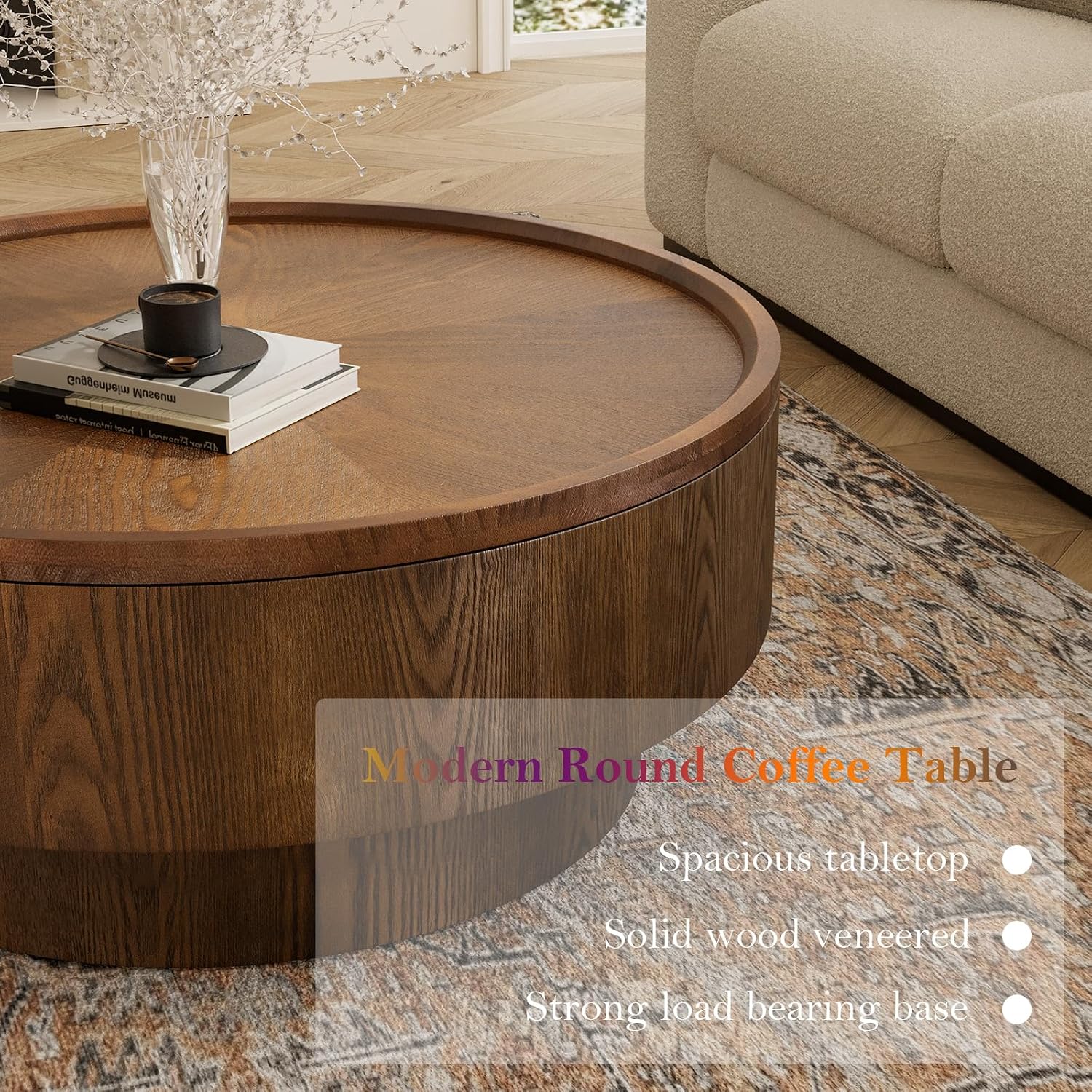 Round Coffee Table with Covert Storages Spaces 30.7' Modern Circle Center Table - Solid Wood Veneered for Living Room Study Balcony (B)