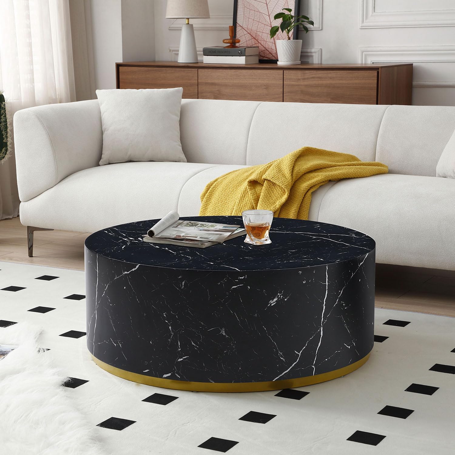 JUSTONE Faux Marble Coffee Table Set of 3,Modern White Coffee Table with Gold Rim Bottom,Perfect for Living Room Apartment, Black& Gold