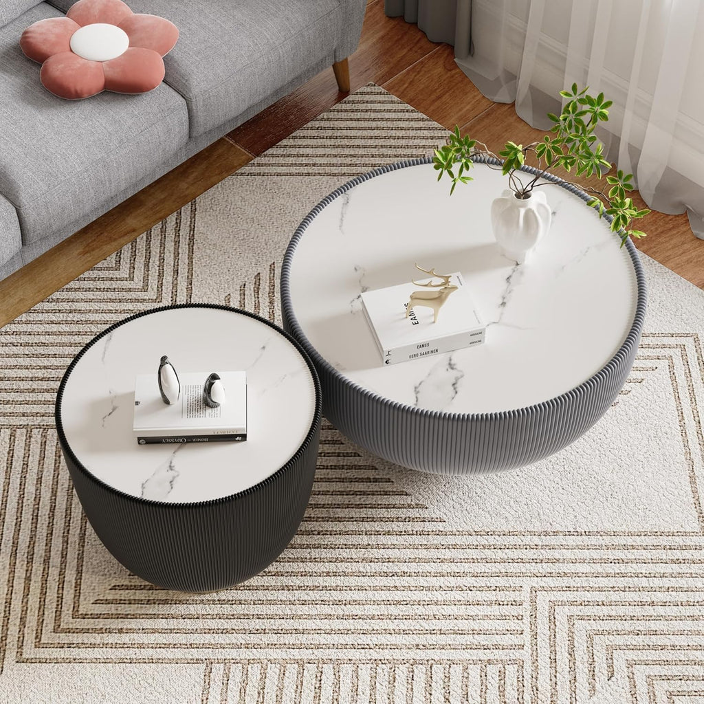 Round Coffee Table Set of 2, Sintered Stone Grey Coffee Table with Black End Table, Nesting Tables for Living Room, Accent Side Table for Apartment Home Office, No Need Assembly