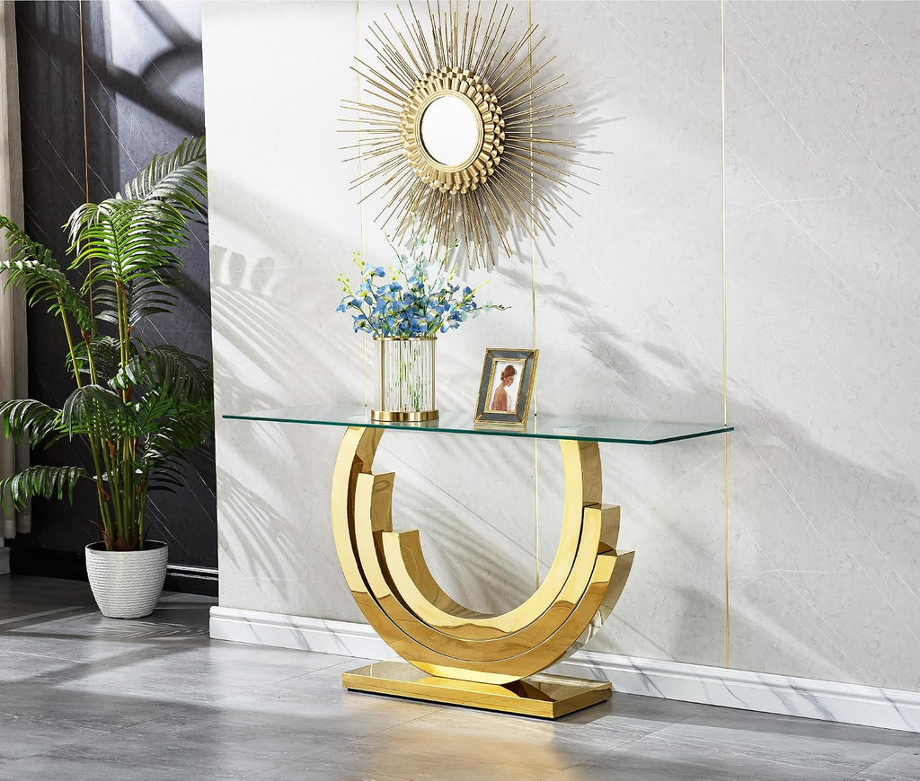 3 Pieces Living Room Table Set, Glass Coffee Table Set of 3, Modern Coffee Table, Console Table and End Table with Three U-Shaped Stainless Steel Base for Living Room (Gold)