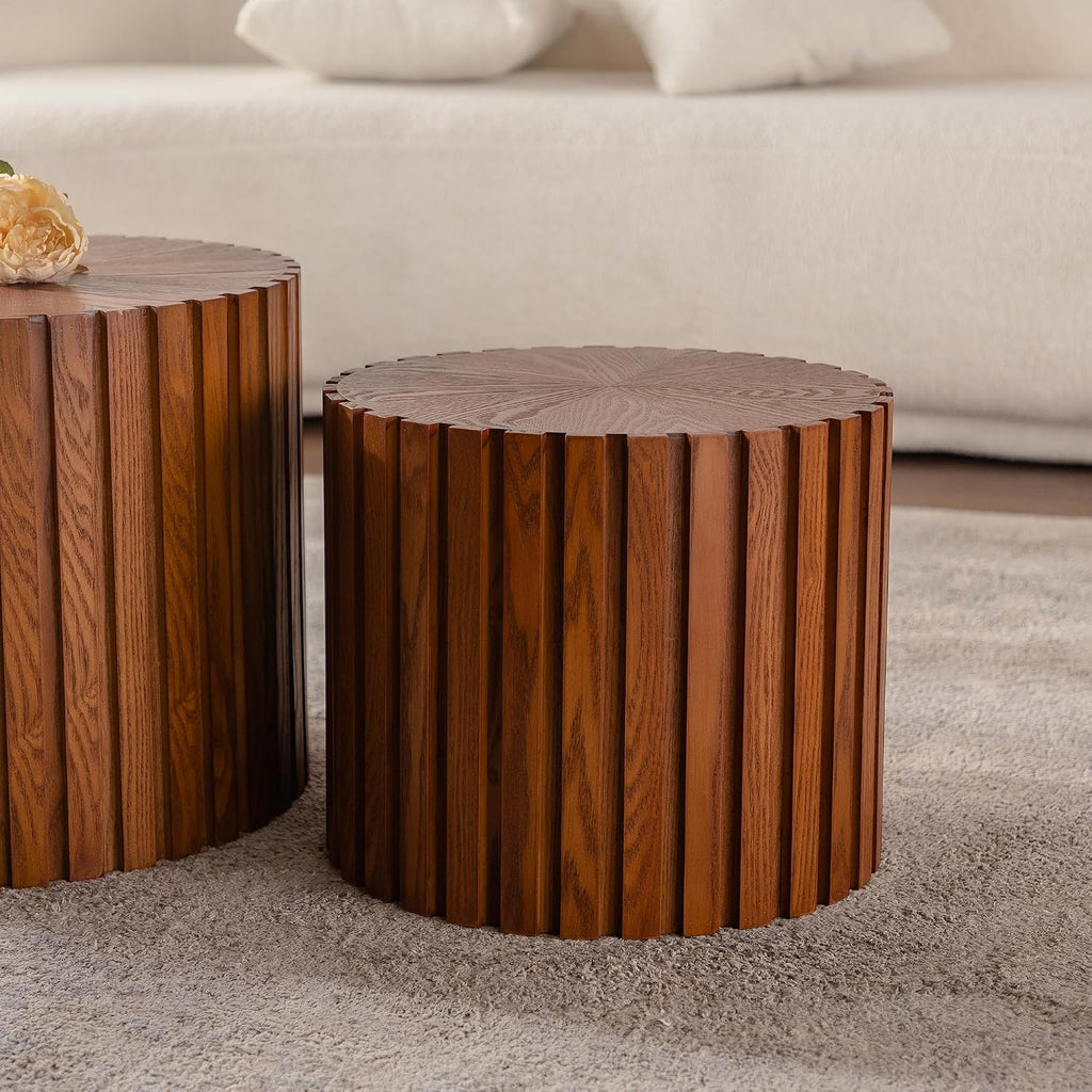 KEVINSPACE Nesting Coffee Table Set of 2 Circle CoffeeTable Modern NestingTables for Living Room Round Fluted Wooden CoffeeTabl No Need Assembly for Bedroom Balcony Lounge 33.86' Walnut