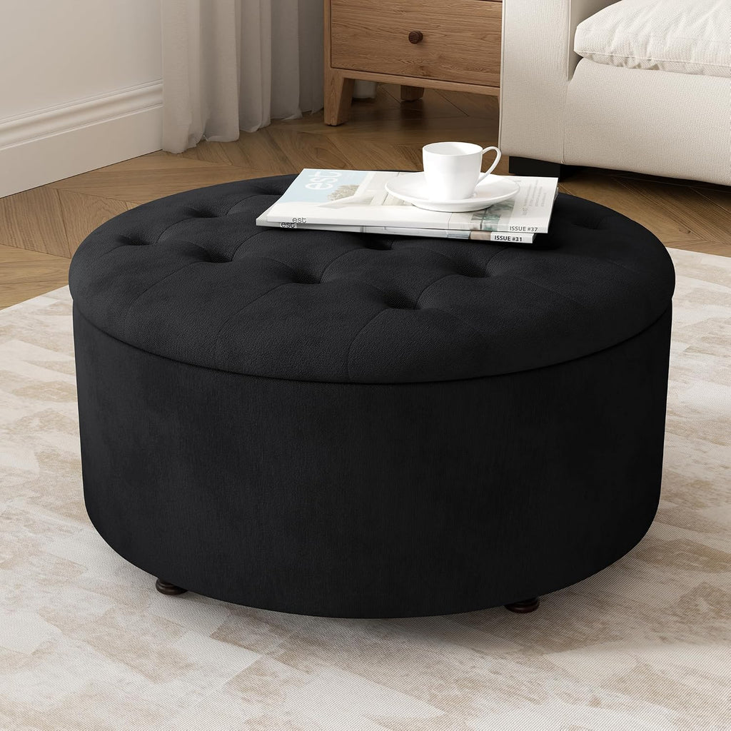 30 Inch Round Storage Ottoman,Modern Tufted Ottomans,Circular Coffee Table with Removable Top,Upholstered Large Ottoman with Storage Footrest Stool for Bedroom Living Room (Black)