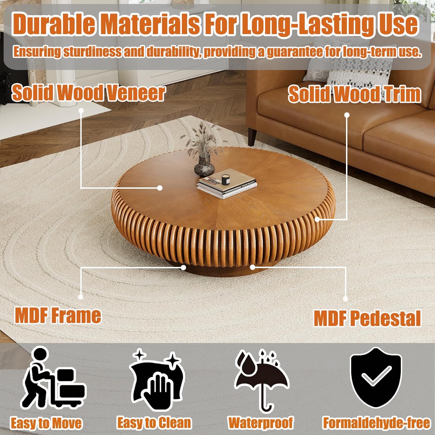 39.37' Round Drum Coffee Table, Modern Fluted Coffee Tables with Solid Wood Veneer, Wooden Circle Center Table for Living Room, Small Spaces, and Apartments, Easy Assembly