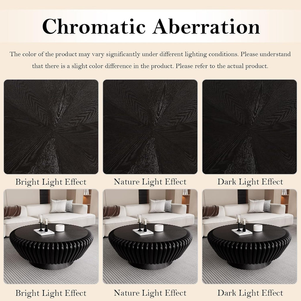 35.4' Fluted Coffee Table with Storage Rustic Chic Circle Drum Center Tables - Handcraft Solid Wood Fluted Veneer for Living Room (L Black 35.4in)