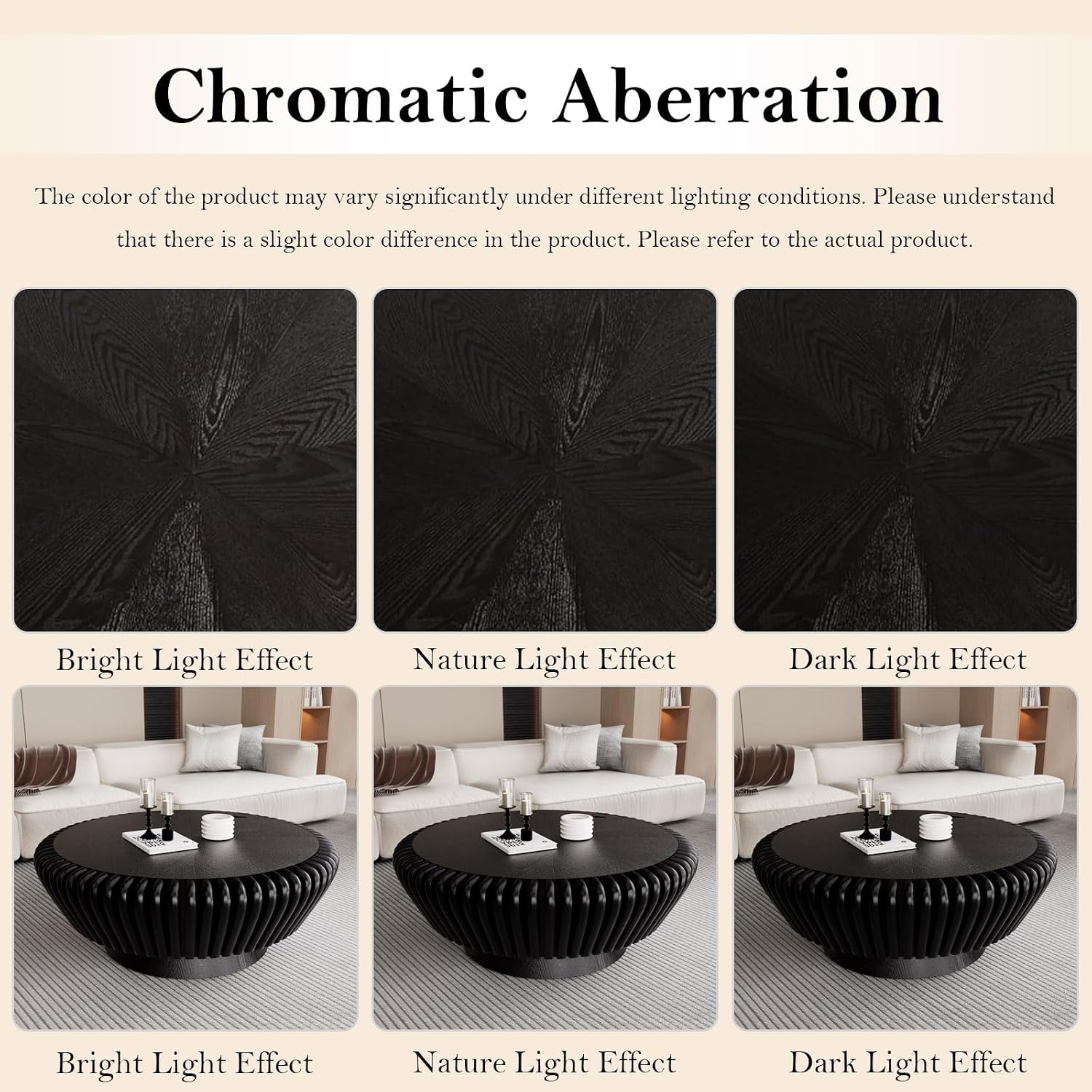 35.4' Fluted Coffee Table with Storage Rustic Chic Circle Drum Center Tables - Handcraft Solid Wood Fluted Veneer for Living Room (L Black 35.4in)
