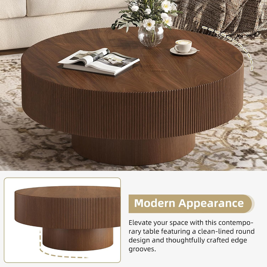 31.5' Round Coffee Table Mid Century Walnut Wood Fluted Coffee Tables for Living Room Circle Drum Center Table Accent Cocktail Tea Living Room Tables for Apartment Home Office