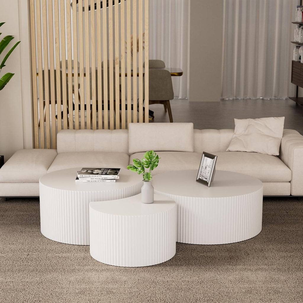 JUSTONE Set of 3 White Round Coffee Table Set Side Table End Table for Living Room, Drum Round 3 Peice Nesting Coffee Modern Coffee Table for Apartment Office,No Assembly (3PCS,White)
