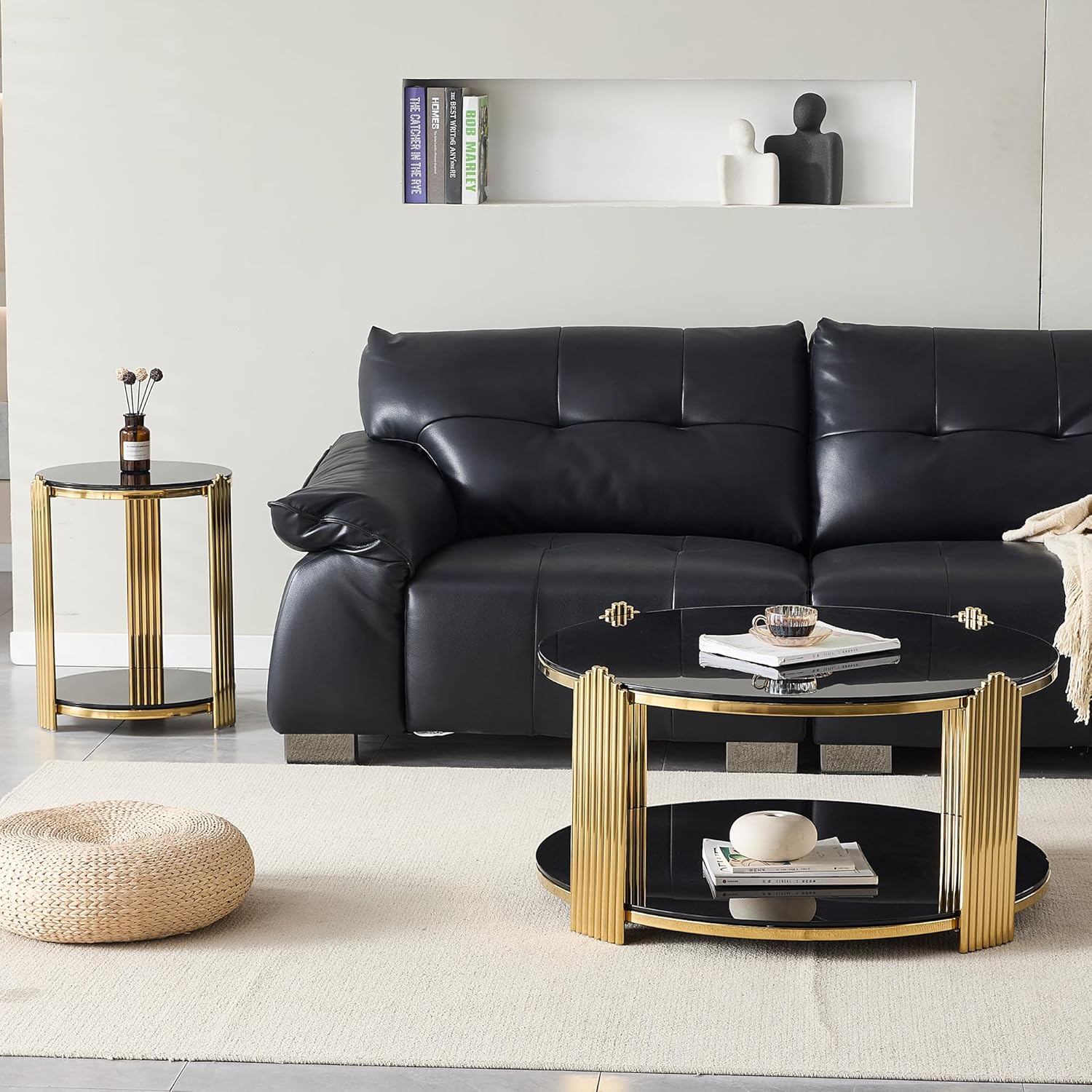 Glass Round Coffee Table with 2-Tier Storage, Black Tempered Glass Top with Gold Stainless Steel Frame, Modern Living Room Table Black Gold Round Center Table, 80 LBS Capacity