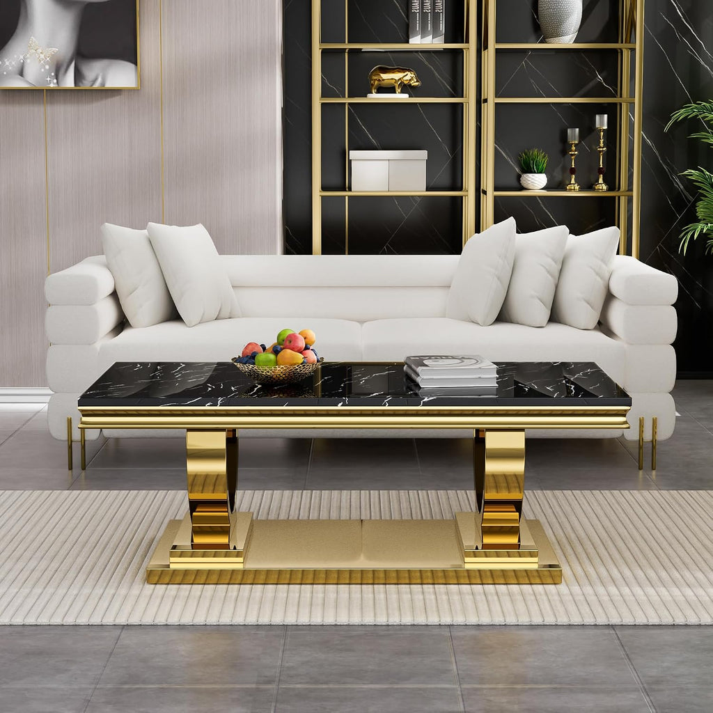 3 Piece Living Room Table Set, Modern Faux Marble Coffee Table and 2 End Tables Set for Living Room Apartment, Mirrored Stainless Steel Base, Imitation Marble Tabletop (Black & Gold)