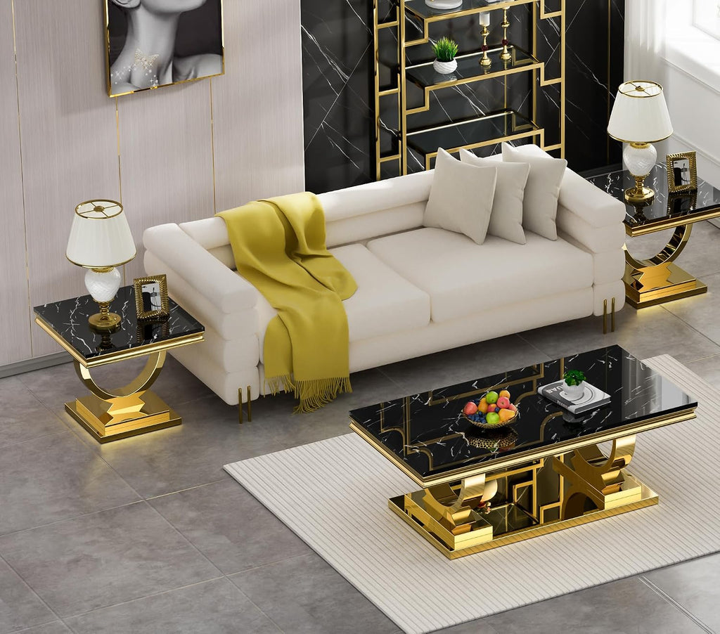 2 Piece Living Room Table Set, Modern Faux Marble Coffee & End Table Set for Living Room Apartment, Mirrored Stainless Steel Base, Imitation Marble Tabletop (Black & Gold)