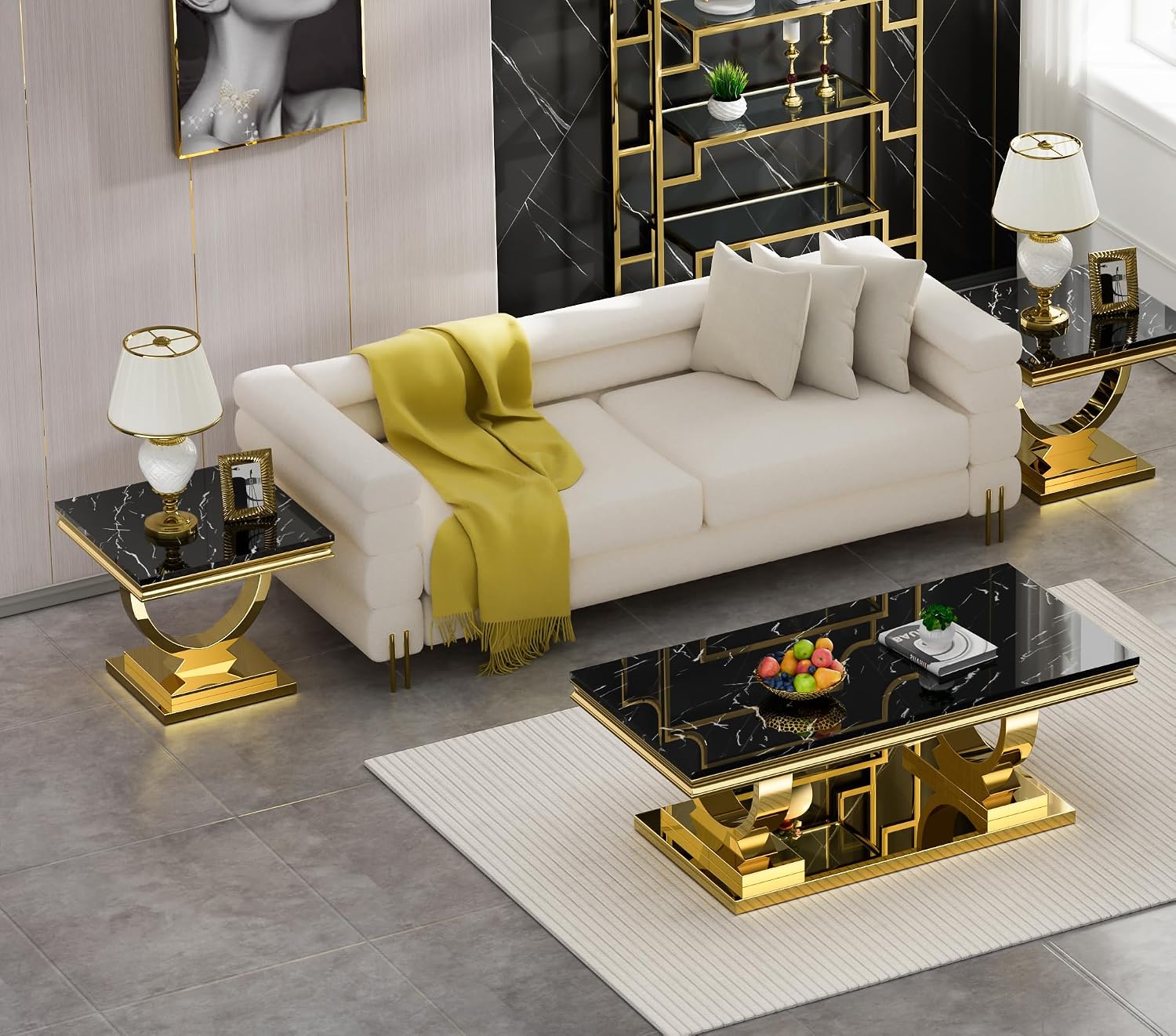 2 Piece Living Room Table Set, Modern Faux Marble Coffee & End Table Set for Living Room Apartment, Mirrored Stainless Steel Base, Imitation Marble Tabletop (Black & Gold)