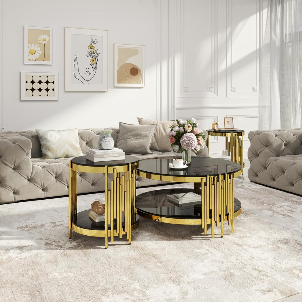 Round Glass Coffee Table Set of 3, Gold and Black Modern Living Room Table Set, Includes 1 Coffee Table & 2 End Tables, Gold Stainless Steel Base Tempered Glass Top, Luxury Furniture for Home Office