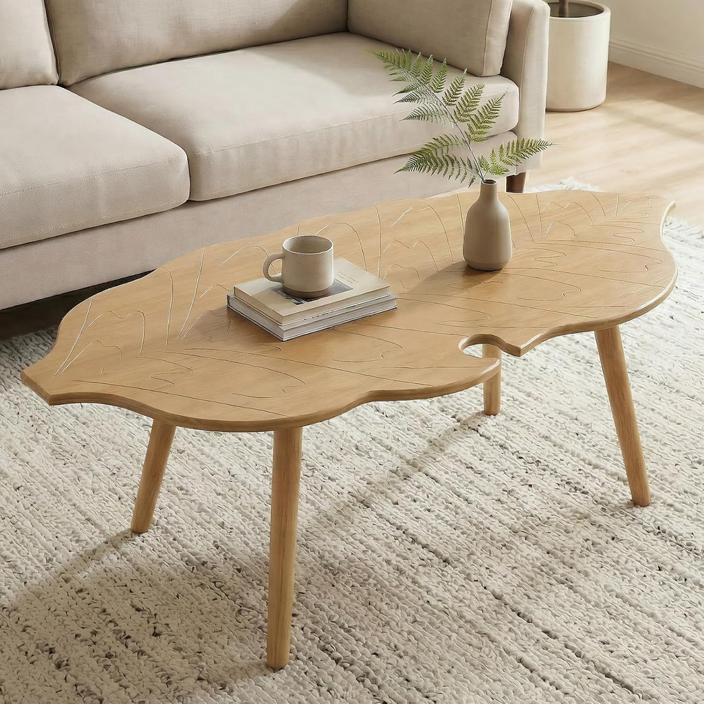 HNY Modern Coffee Table for Living Room, Natural Wood Coffee Table Farmhouse Center Table Vivid Leaf Table End Table with Rustic Grain Side Table with Wood Leg for Bedroom Office Cafe Small Space
