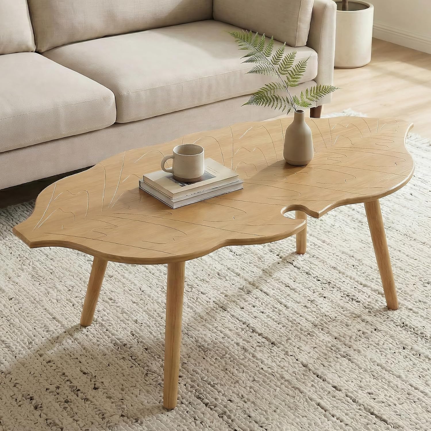HNY Modern Coffee Table for Living Room, Natural Wood Coffee Table Farmhouse Center Table Vivid Leaf Table End Table with Rustic Grain Side Table with Wood Leg for Bedroom Office Cafe Small Space