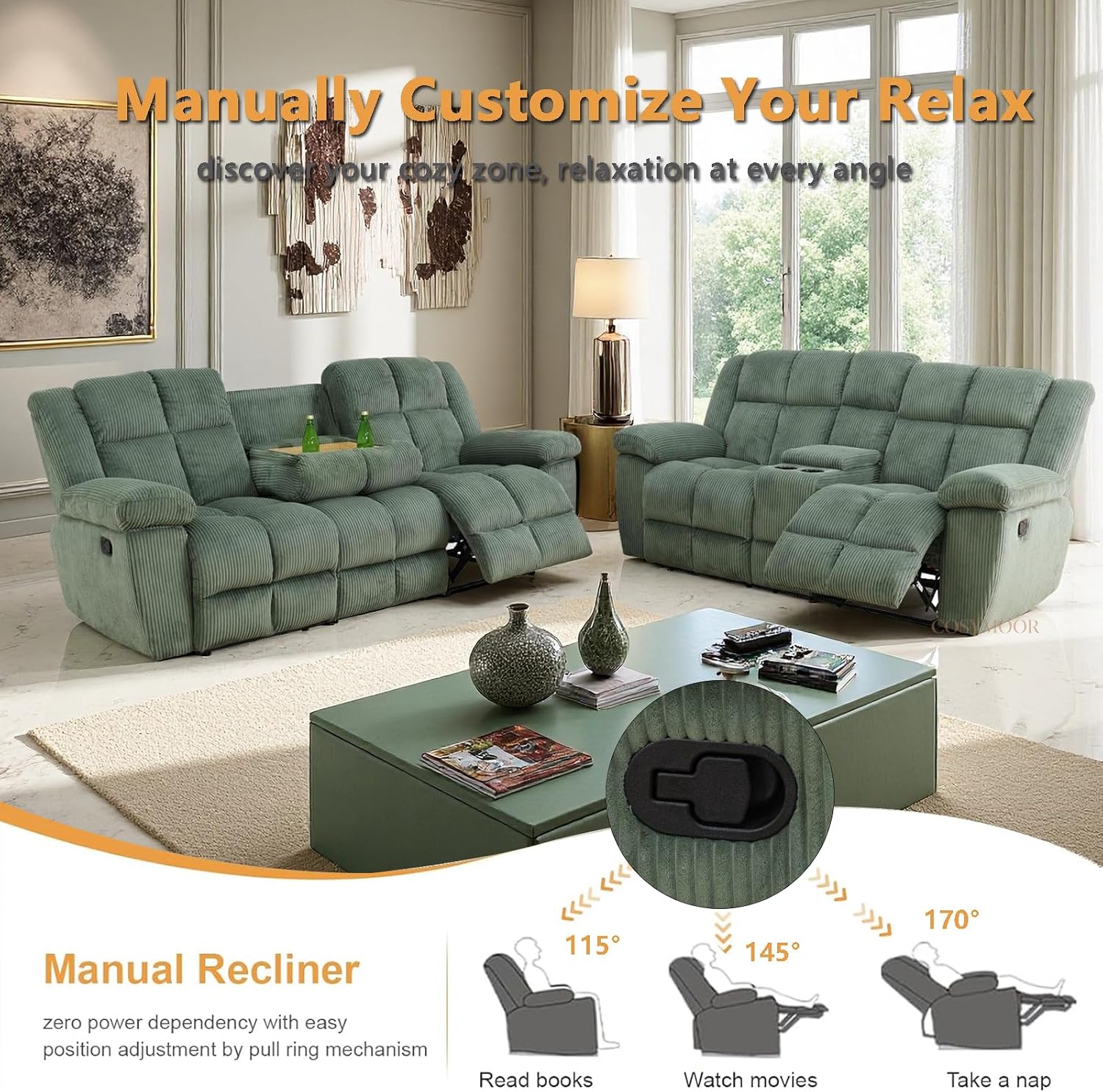 Manual Corduroy Sofa Set with Drop-Down Table, 2 Pieces Corduroy Recliner Sofa Sets, Living Room Furniture Sets, Recliner Loveseat with Storage Console/Cup Holder for Home/Office
