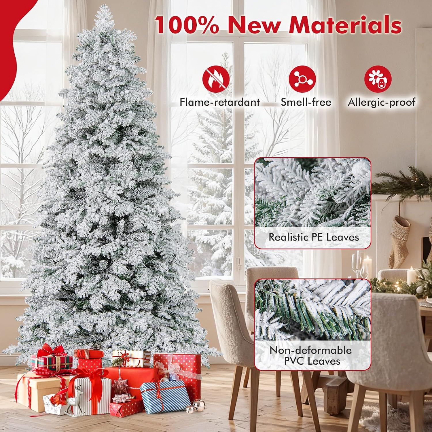 GOFLAME 7FT Pre-lit Artificial Christmas Tree, Snow Flocked Hinged Xmas Tree with 160 Ball Lights, LED Lights, 806 Branch Tips, 8 Lighting Modes and Metal Stand, Holiday Decoration Tree for Home Party