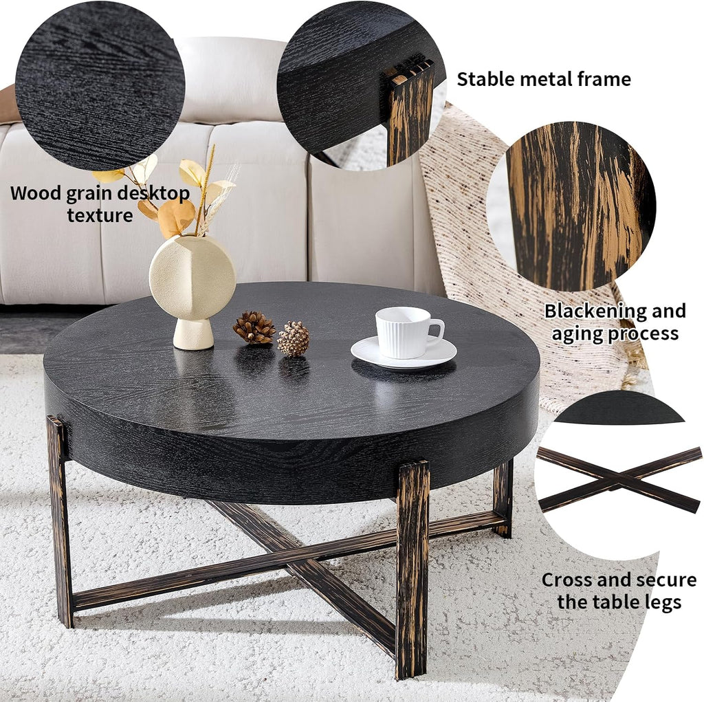 Round Coffee Table, Small Wood Coffee Table with Storage, Modern Mid Century Metal Circle Tables Accent Center Tables for Living Room Apartment Small Space (31.5''D-Black)
