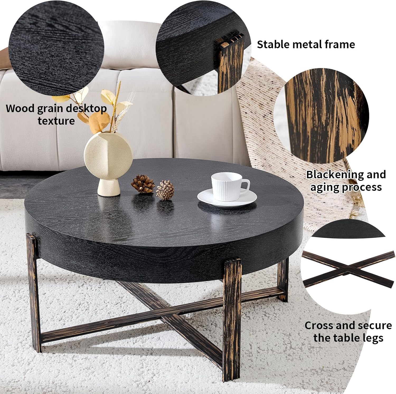 Round Coffee Table, Small Wood Coffee Table with Storage, Modern Mid Century Metal Circle Tables Accent Center Tables for Living Room Apartment Small Space (31.5''D-Black)