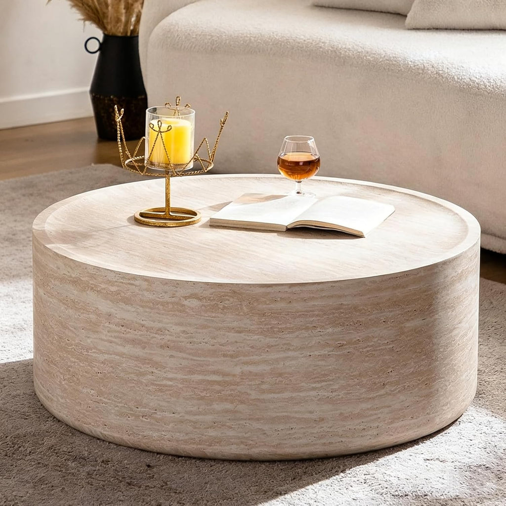 Modern Drum Coffee Table Faux Travertine Finish Wood Coffee Tables Round Center Table for Living Room Home Office,31.5'- Fully Assembled