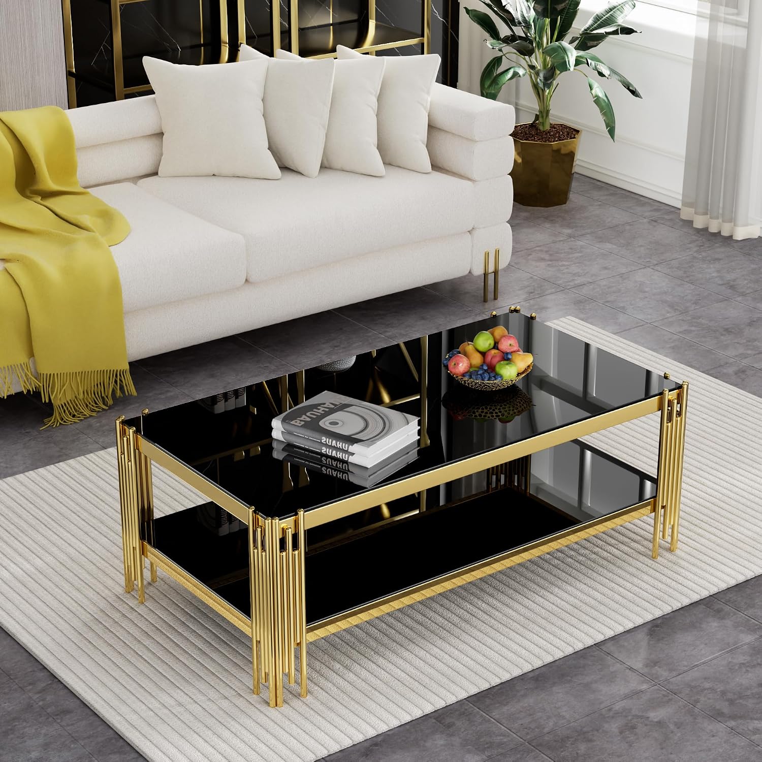 SSLine 3-Piece Living Room Table Set, Modern Black Glass Coffee Table with 2 End Table, Luxury Rectangle 2-Tier Storage Coffee Table Set with Gold Stainless Steel Frame for Living Room