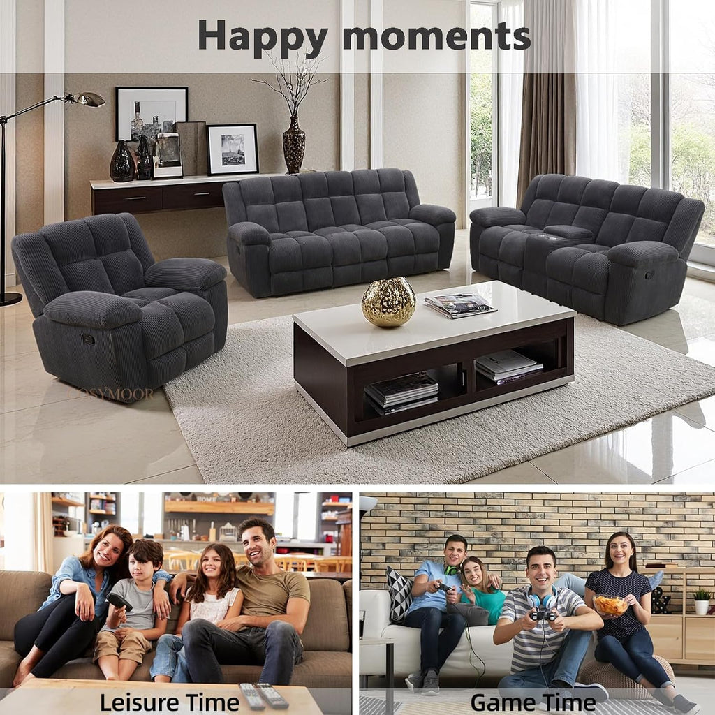 Corduroy Recliner Sofa Set with Cup Holder, 3 Pieces Living Room Furniture Sets, Grey Manual Corduroy Sofa Set with Storage, Modern Reclining Couches for Living Room/Office