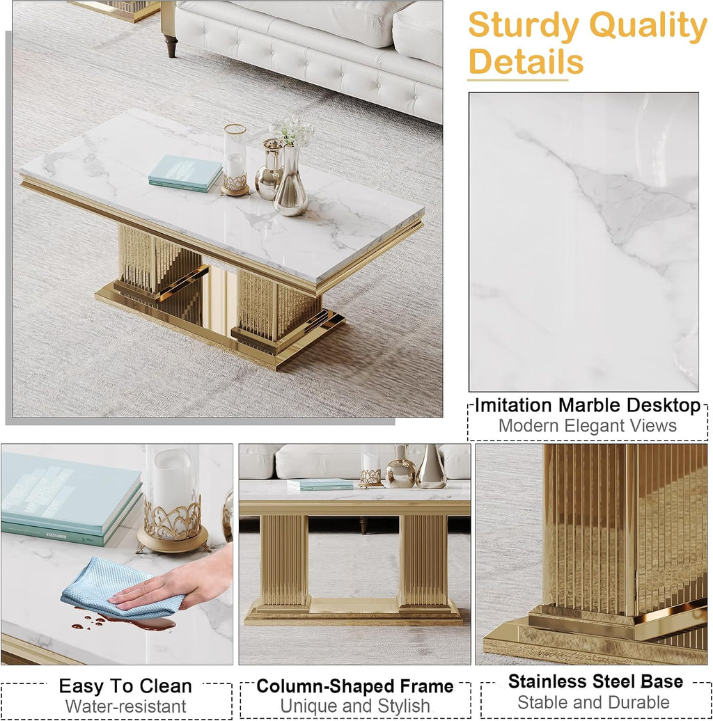 Modern 3 Piece Marble Living Room Table Set, Includes 1 Coffee Table & 2 End Table, Luxury White Faux Marble Coffee Table Set with Gold Column-Shaped Stainless Steel Base for Home Office