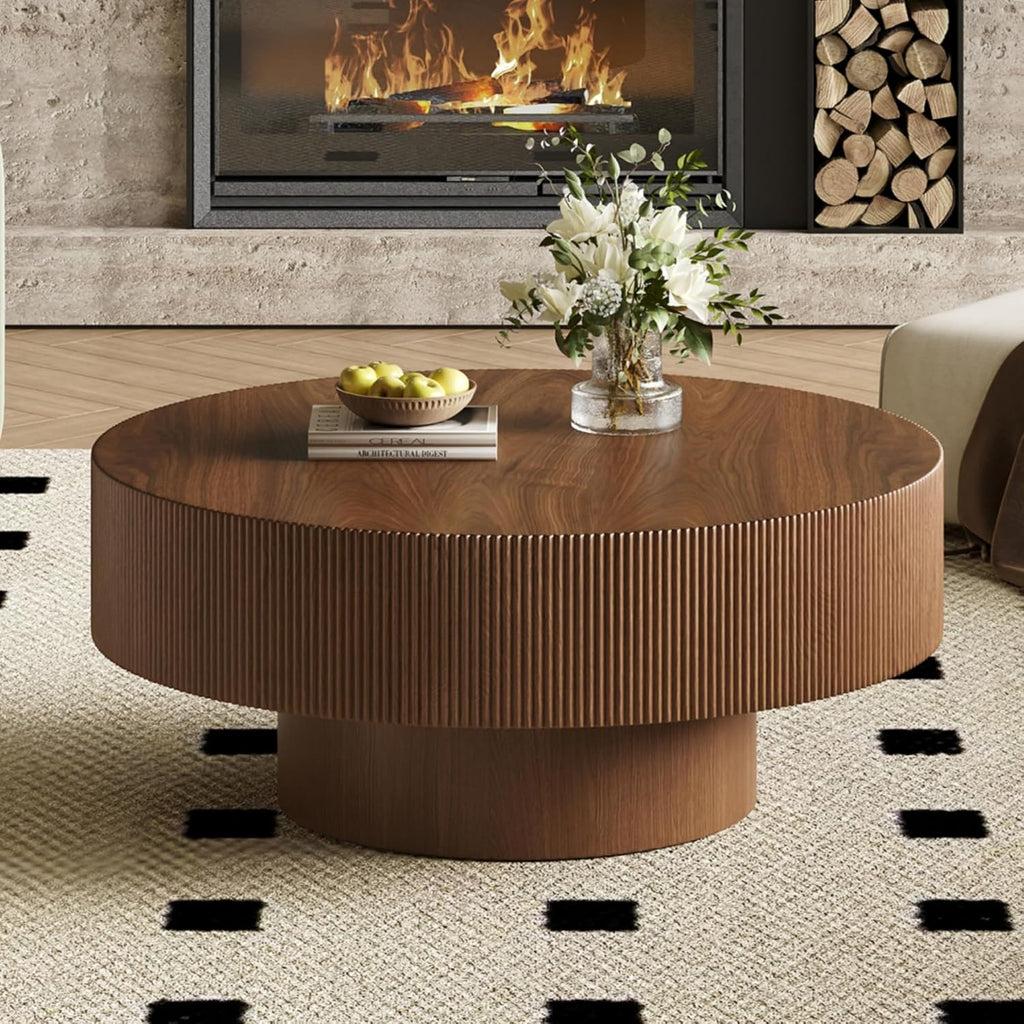 31.5' Round Coffee Table Mid Century Walnut Wood Fluted Coffee Tables for Living Room Circle Drum Center Table Accent Cocktail Tea Living Room Tables for Apartment Home Office