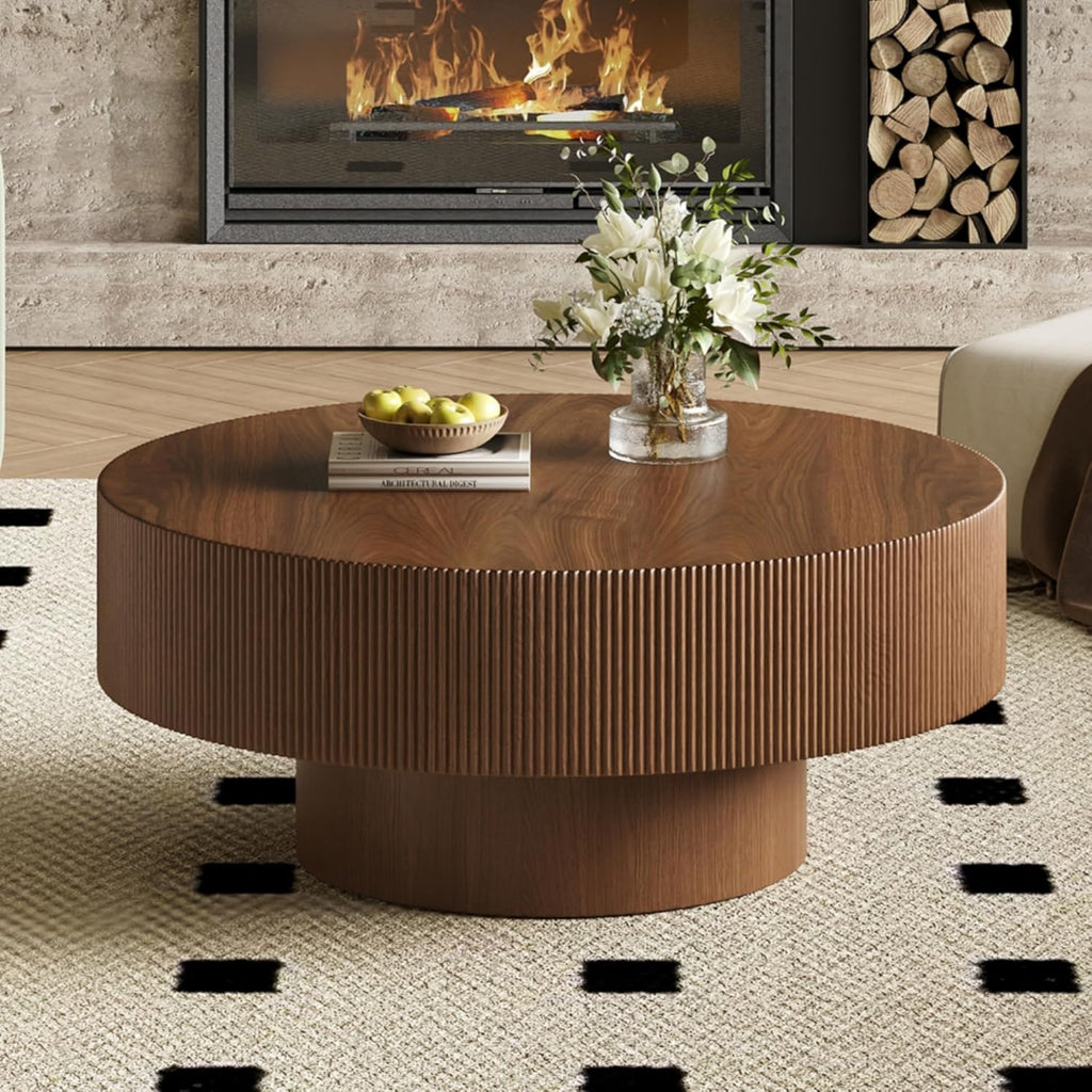 31.5'' White Round Coffee Table Modern Wood Coffee Table for Living Room, Contemporary Circle Fluted Drum Pedestal Style, Easy Assembly, Walnut